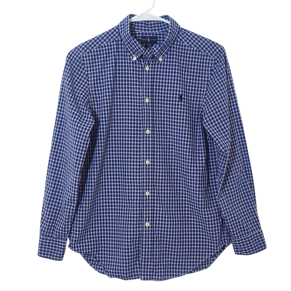 Ralph Lauren Boy's Navy Plaid Button Down Shirt Size Large 14-16